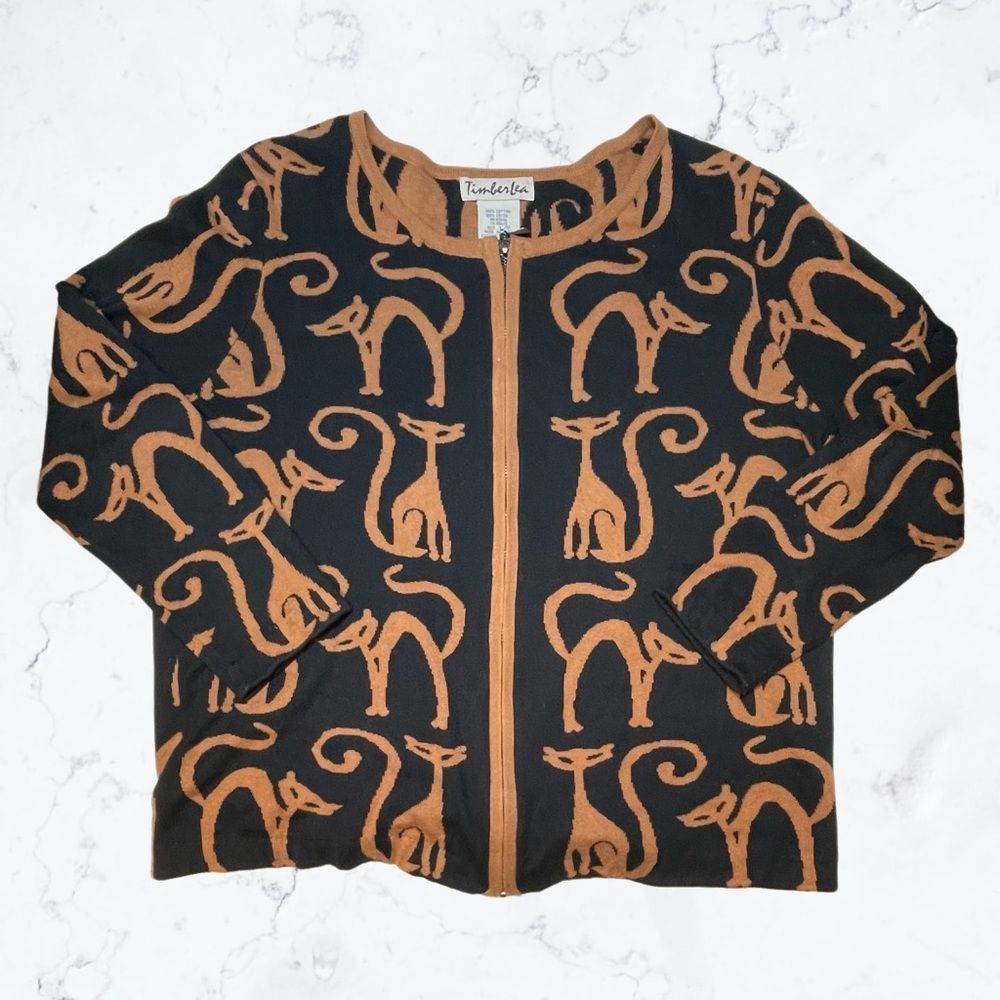 Timberlea Black & Brown Cat Pattern Zip-Up Cardigan